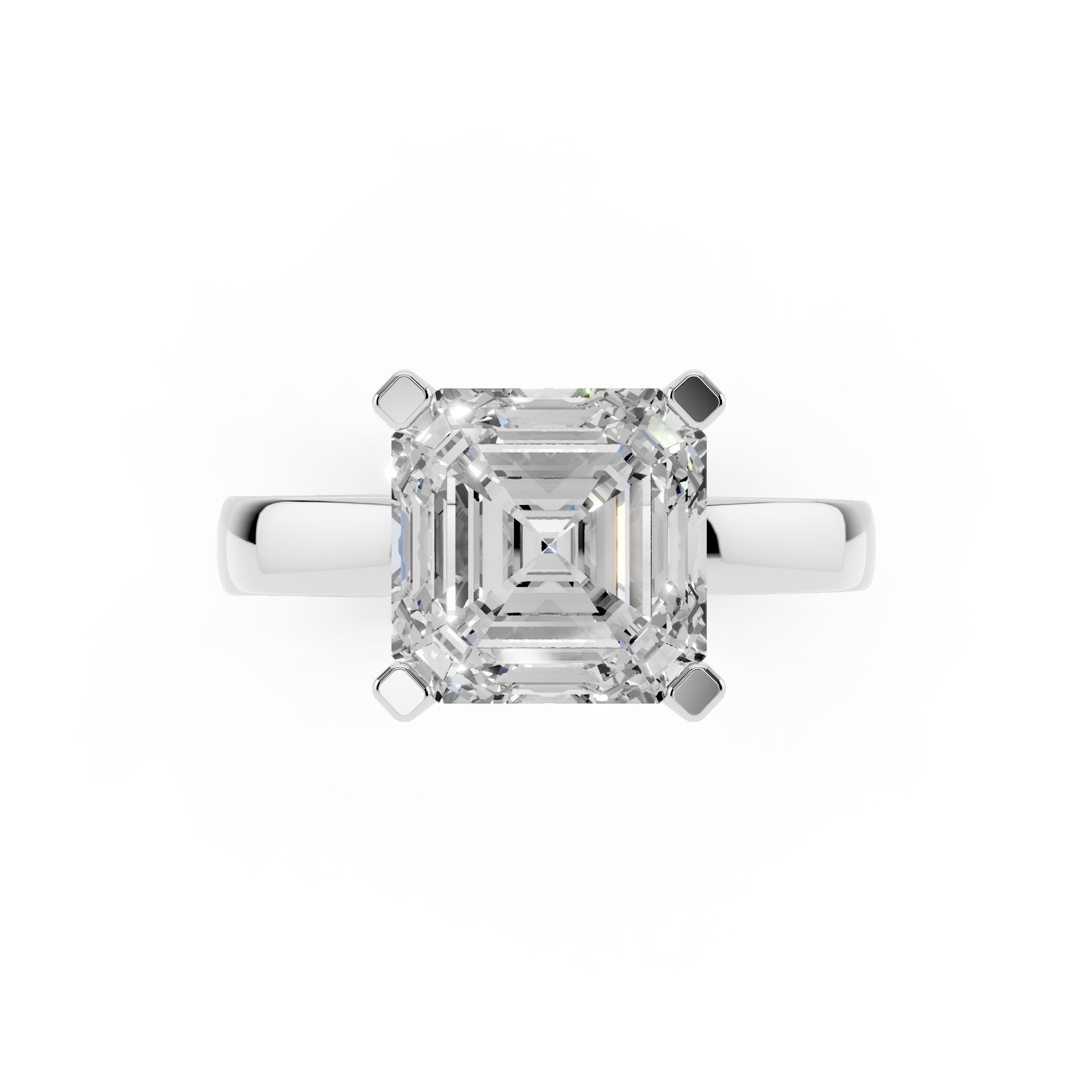 Top view of asscher cut moissanite engagement ring showing clarity and step-cut brilliance