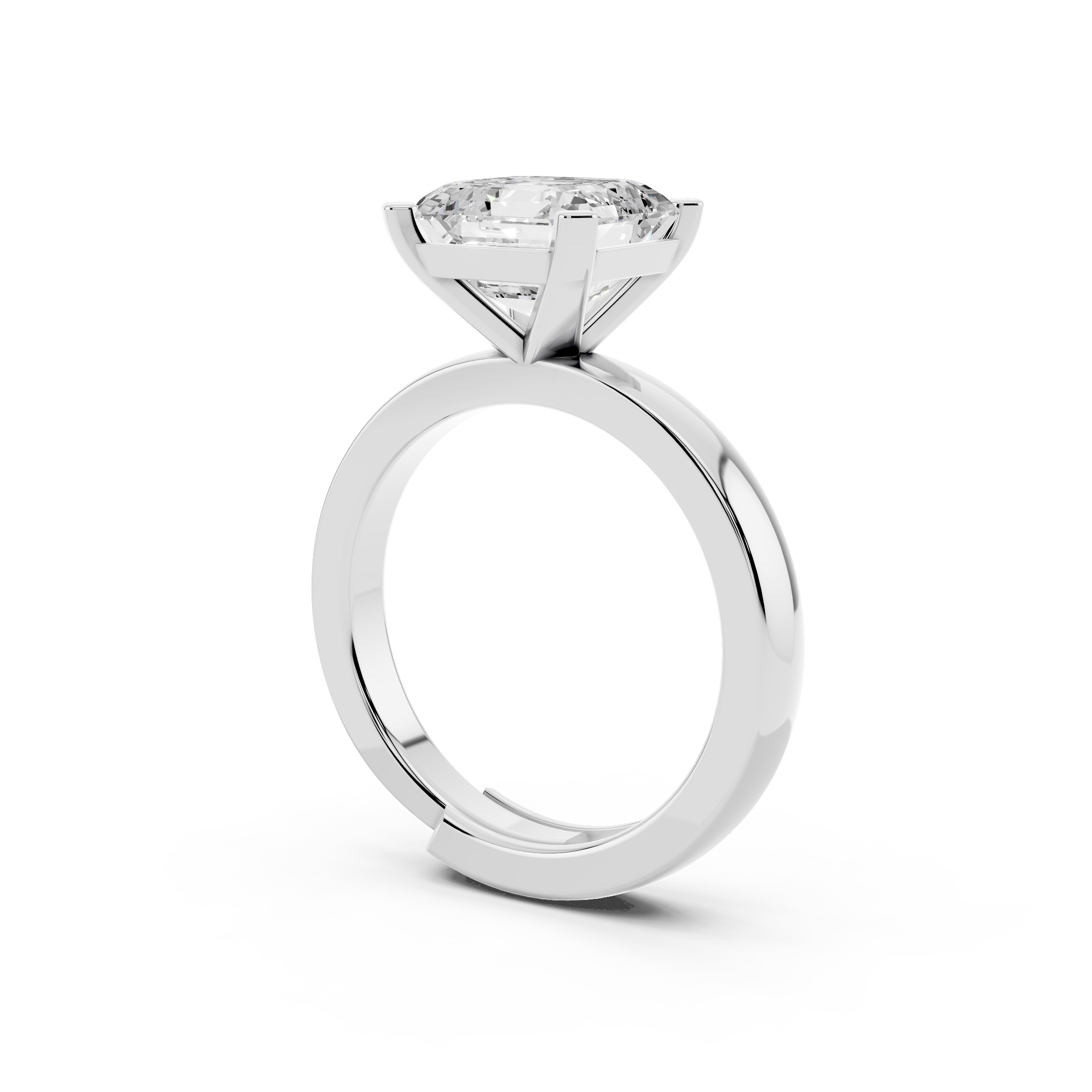 Side profile of asscher cut moissanite ring highlighting comfort-fit sterling silver band