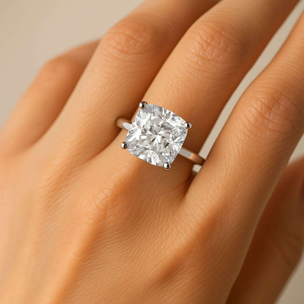 Cushion cut moissanite engagement ring on hand showing 3.25 carat solitaire sparkle