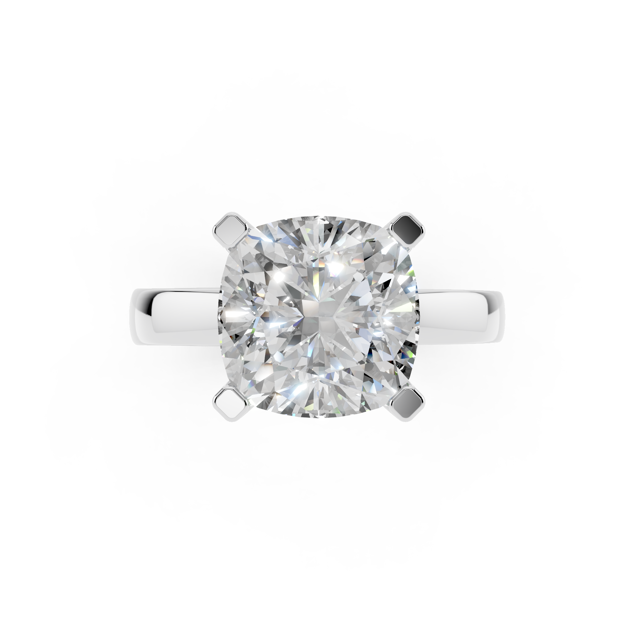 Top view of cushion cut moissanite engagement ring showing brilliant facets and VVS clarity