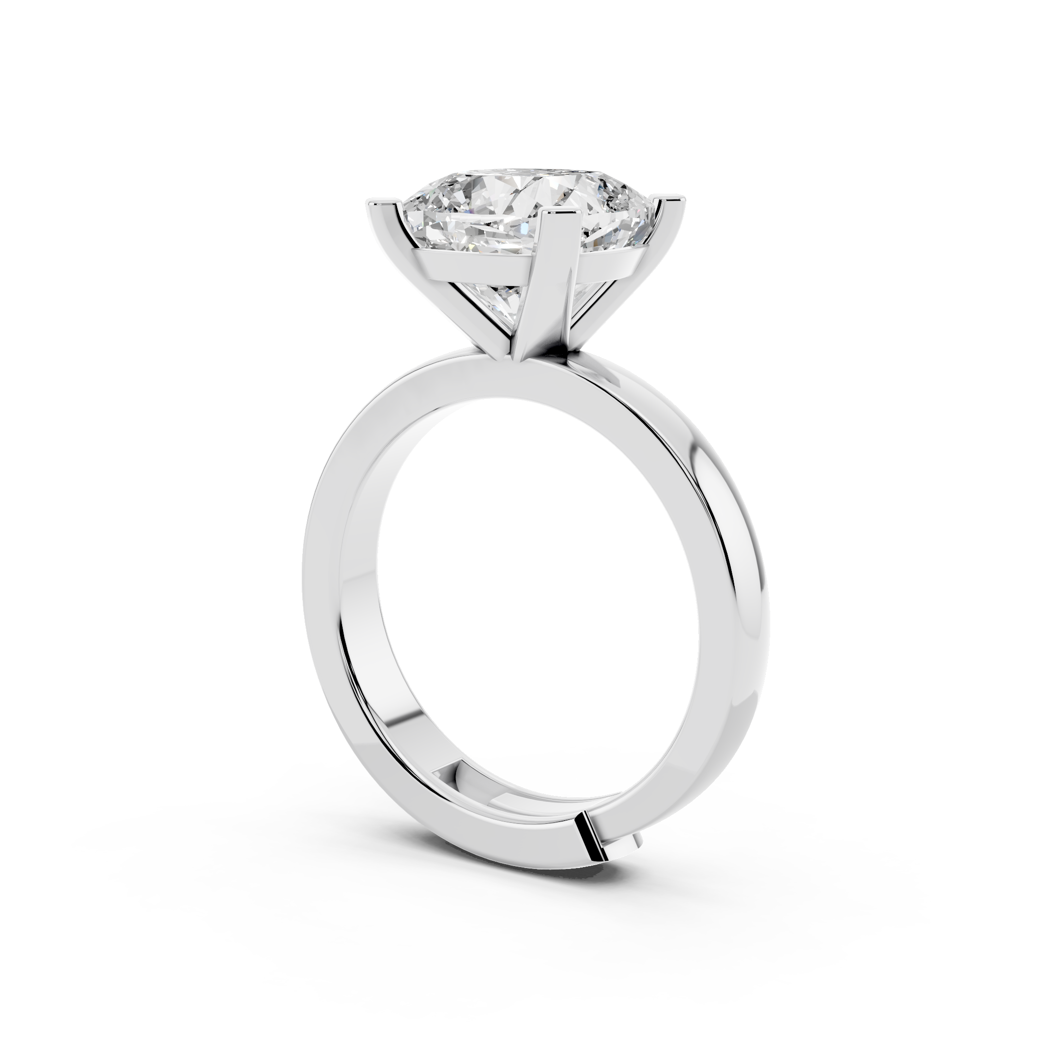 Side profile of cushion cut moissanite ring highlighting comfort-fit sterling silver band