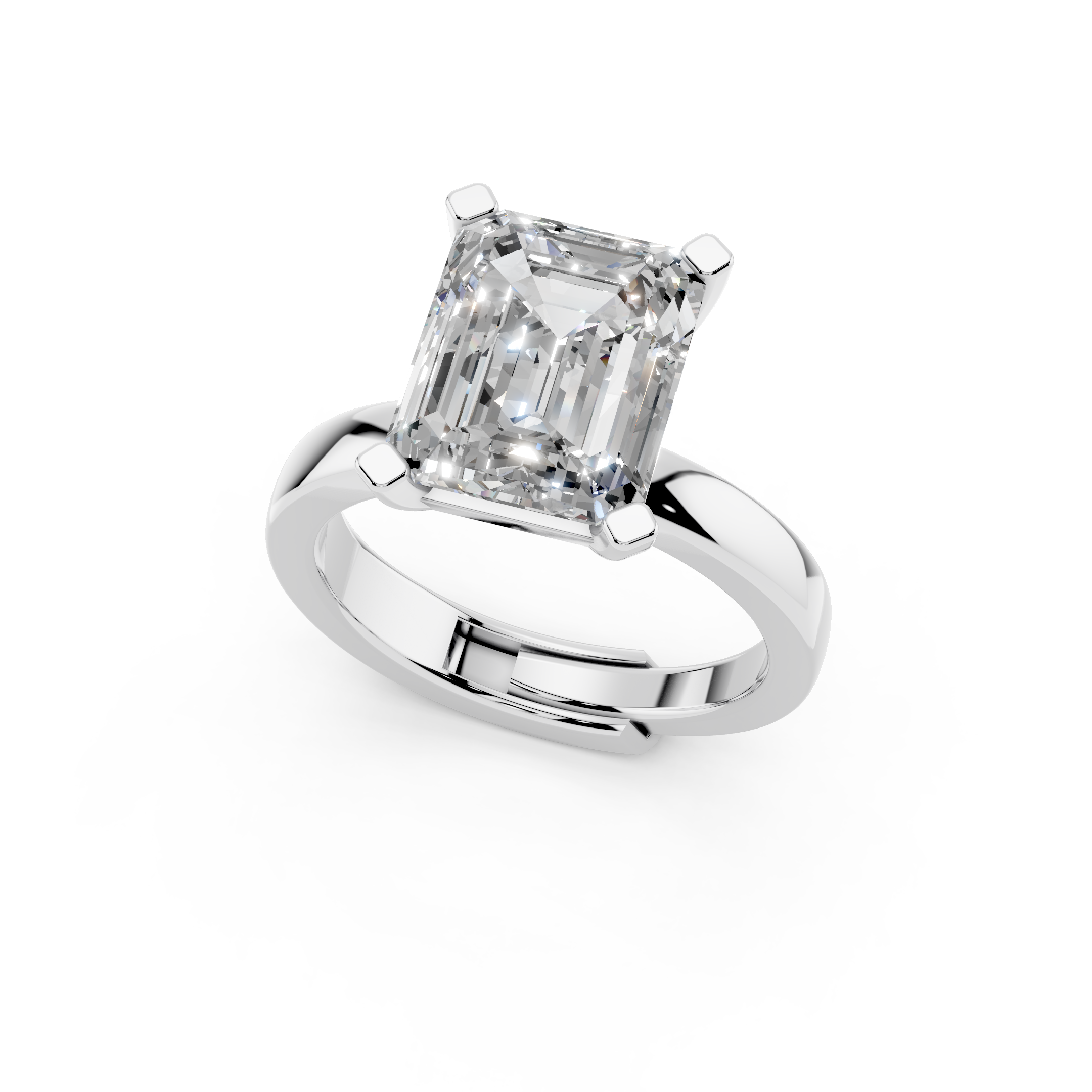 Emerald cut moissanite engagement ring 3.5 carat solitaire angled view in 925 silver