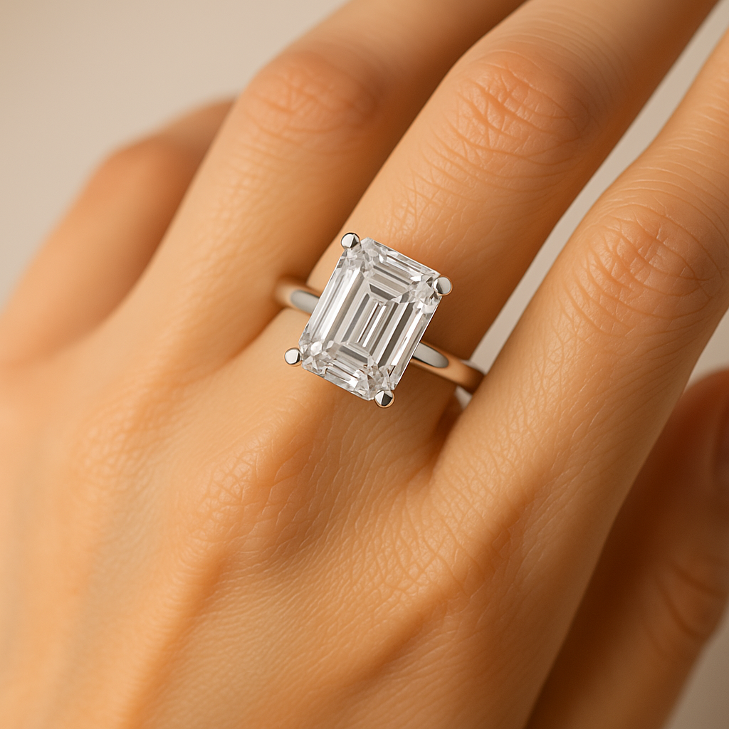 Emerald cut moissanite engagement ring on hand showing 3.5 carat sparkle and elegance