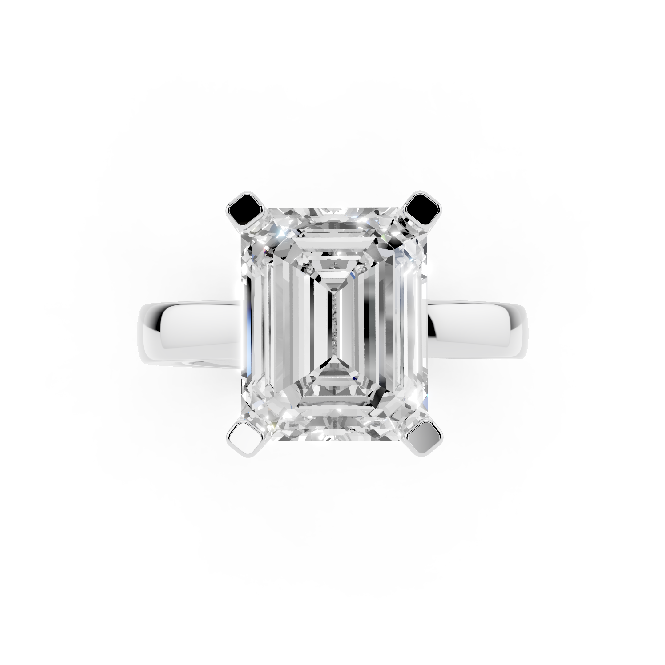 Top view of emerald cut moissanite engagement ring showing brilliance and clarity