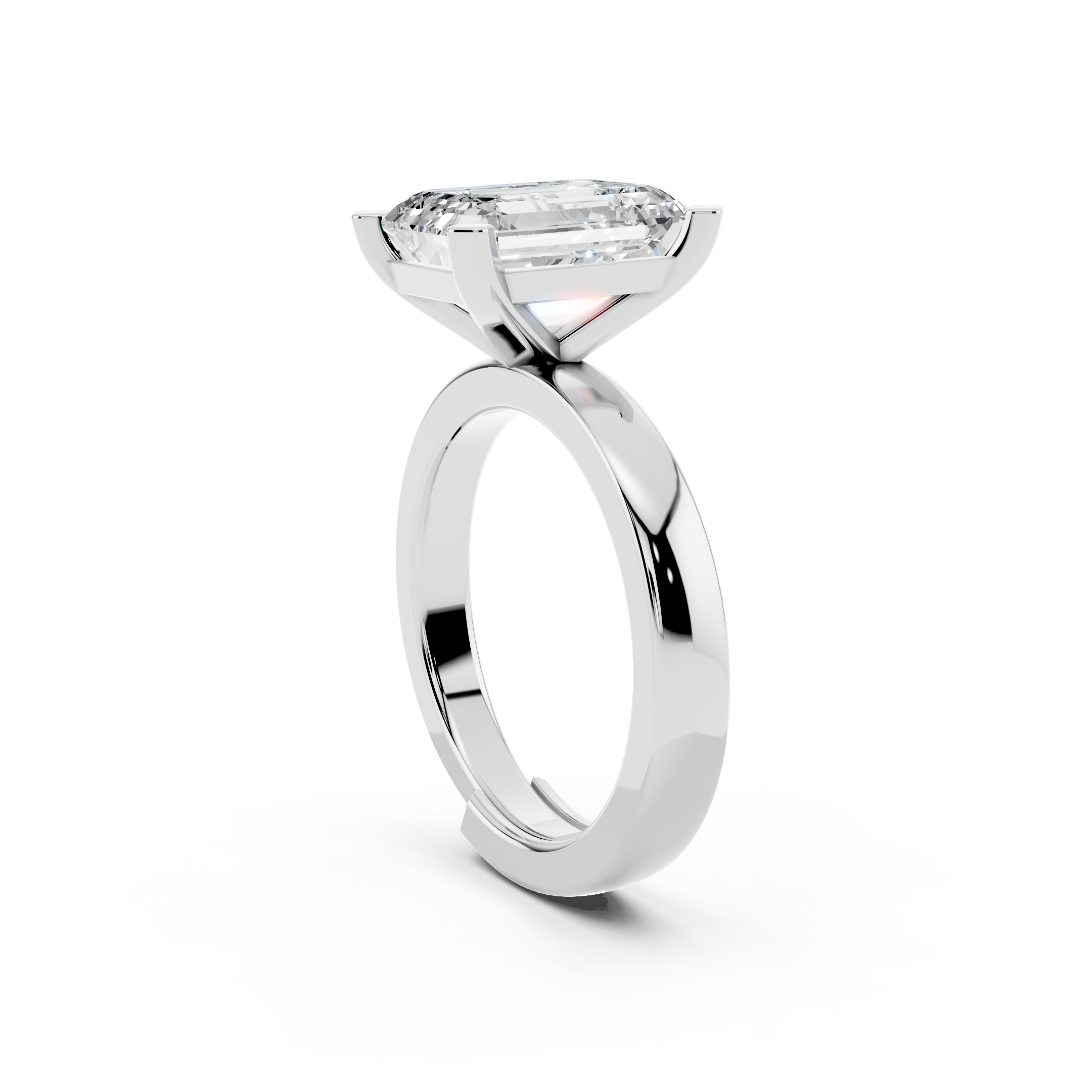 Side profile of emerald cut moissanite ring highlighting comfort-fit sterling silver band
