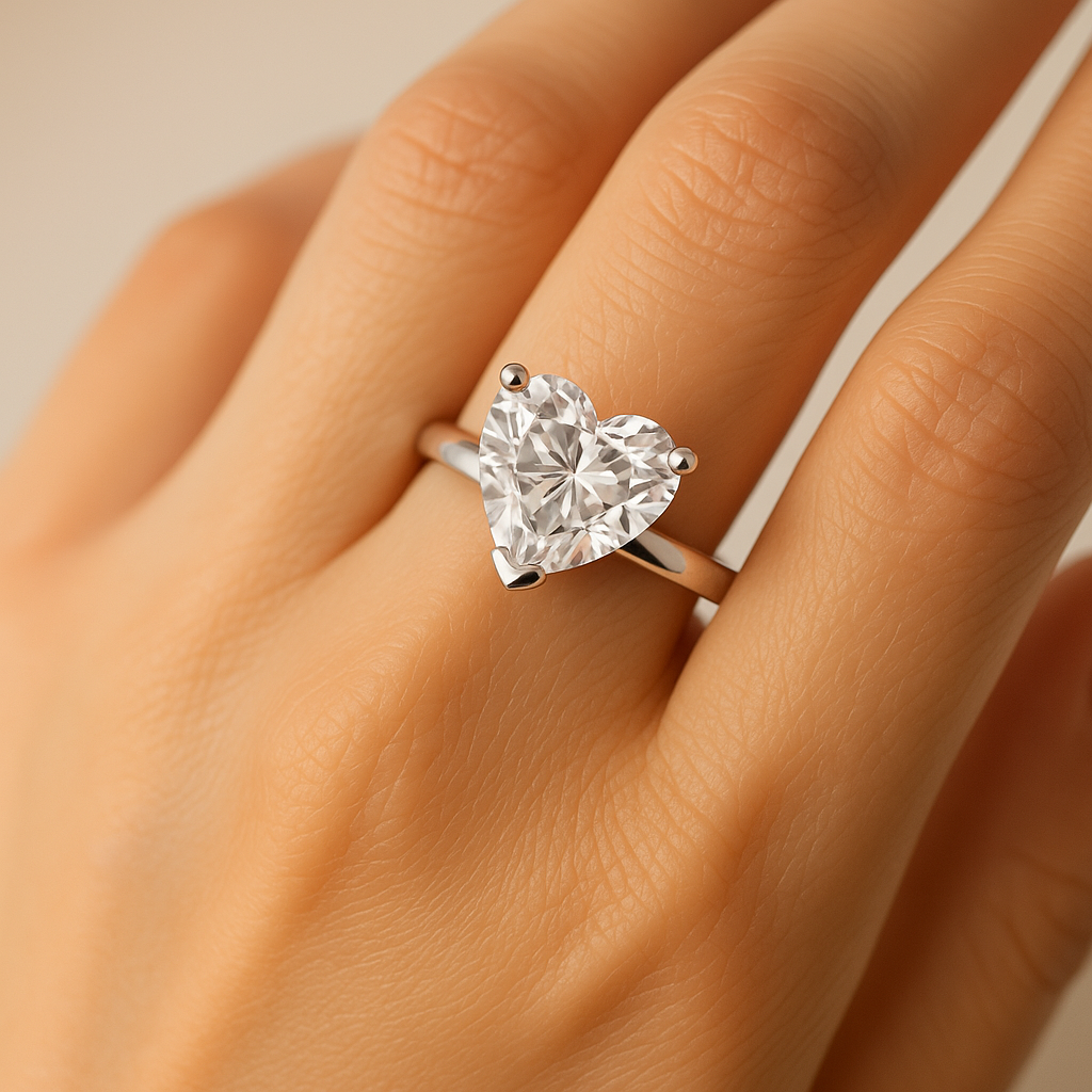 Heart cut moissanite engagement ring on hand showing 2.25 carat solitaire sparkle