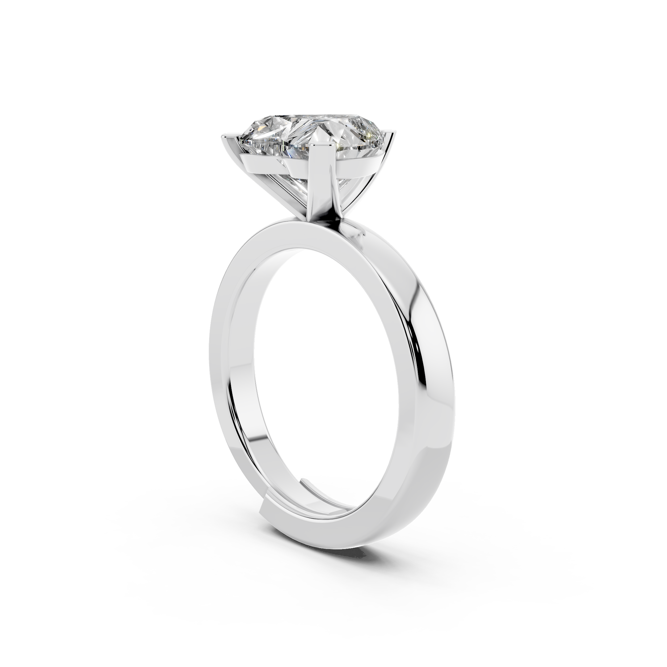 Side profile of heart cut moissanite ring highlighting comfort-fit sterling silver band