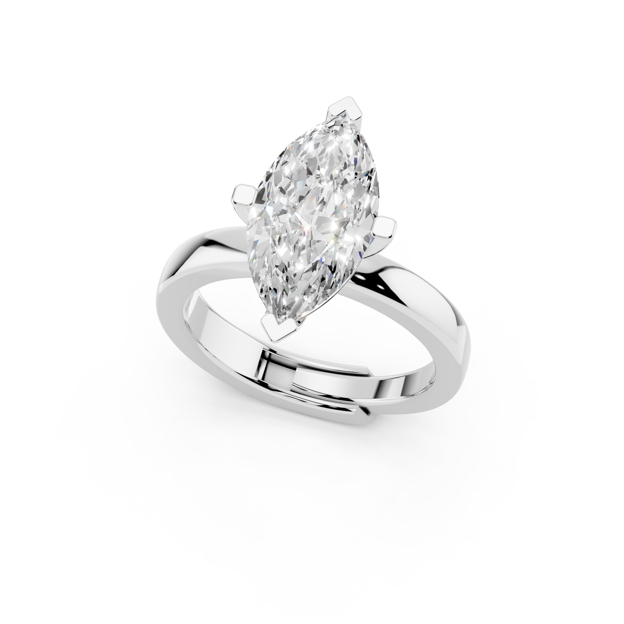 Marquise cut moissanite engagement ring 2.5 carat solitaire angled view in 925 silver