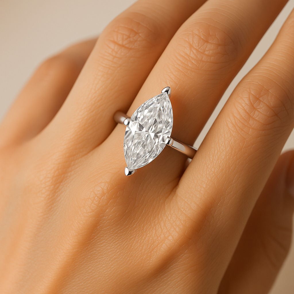 Marquise cut moissanite engagement ring on hand showing 2.5 carat sparkle and elegance