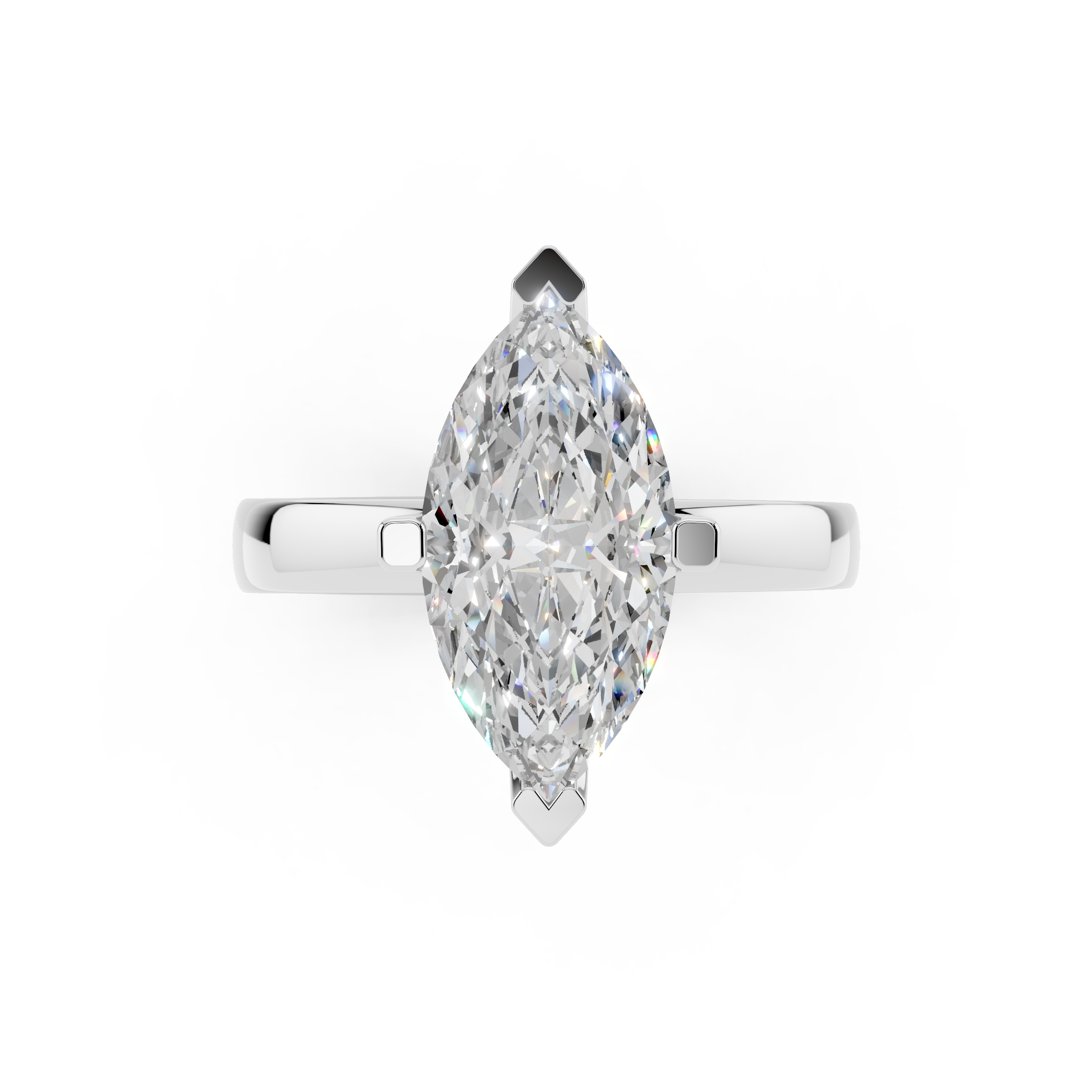 Top view of marquise cut moissanite engagement ring showing sparkle and brilliance