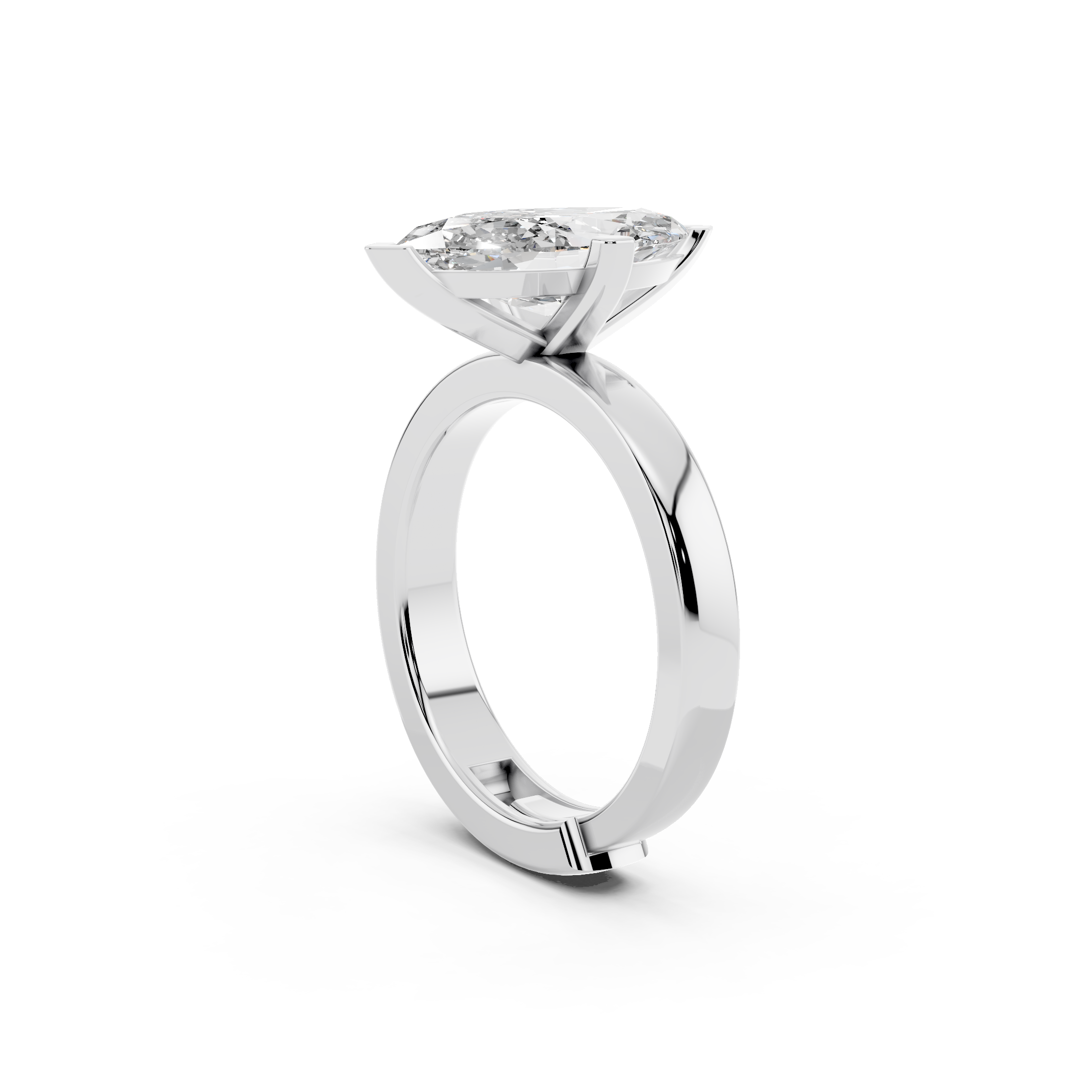 Side profile of marquise cut moissanite ring highlighting comfort-fit sterling silver band