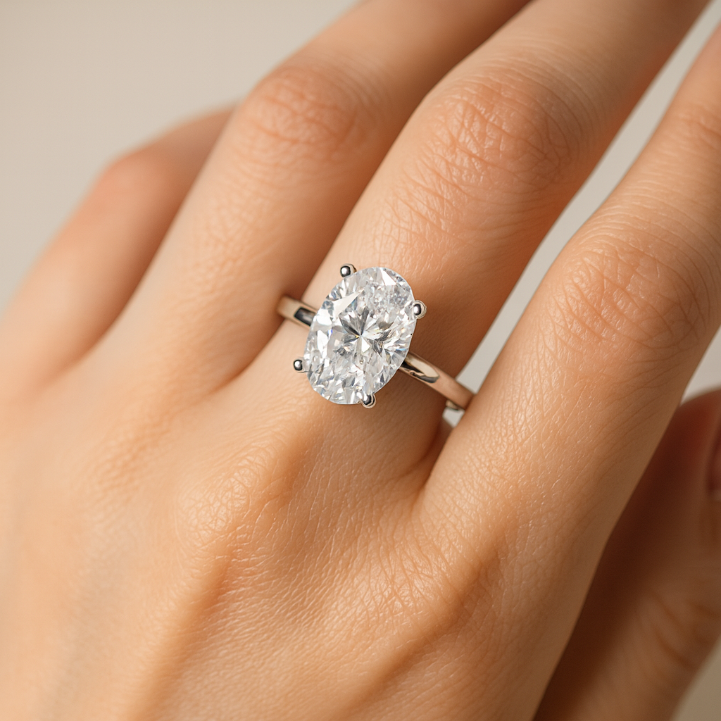 Oval cut moissanite engagement ring on hand showing brilliant 3 carat sparkle
