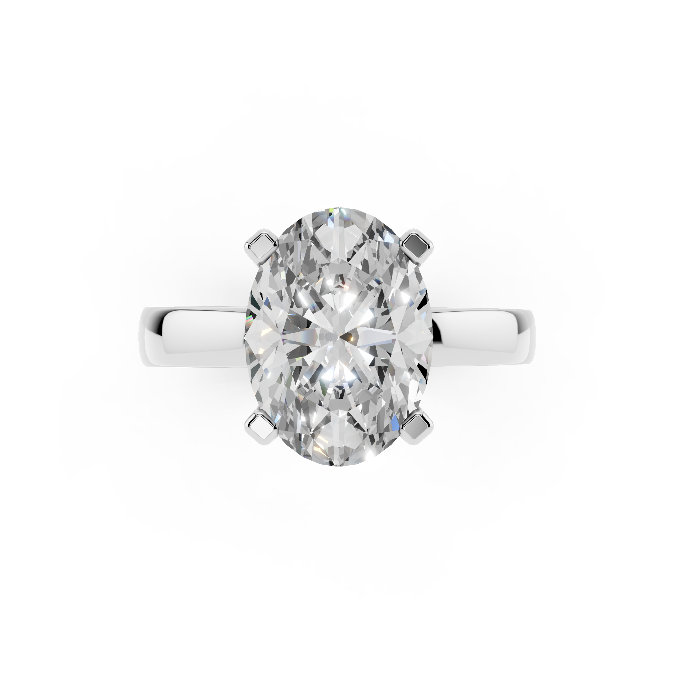 Top view of oval cut moissanite engagement ring showing D-E-F color and VVS clarity