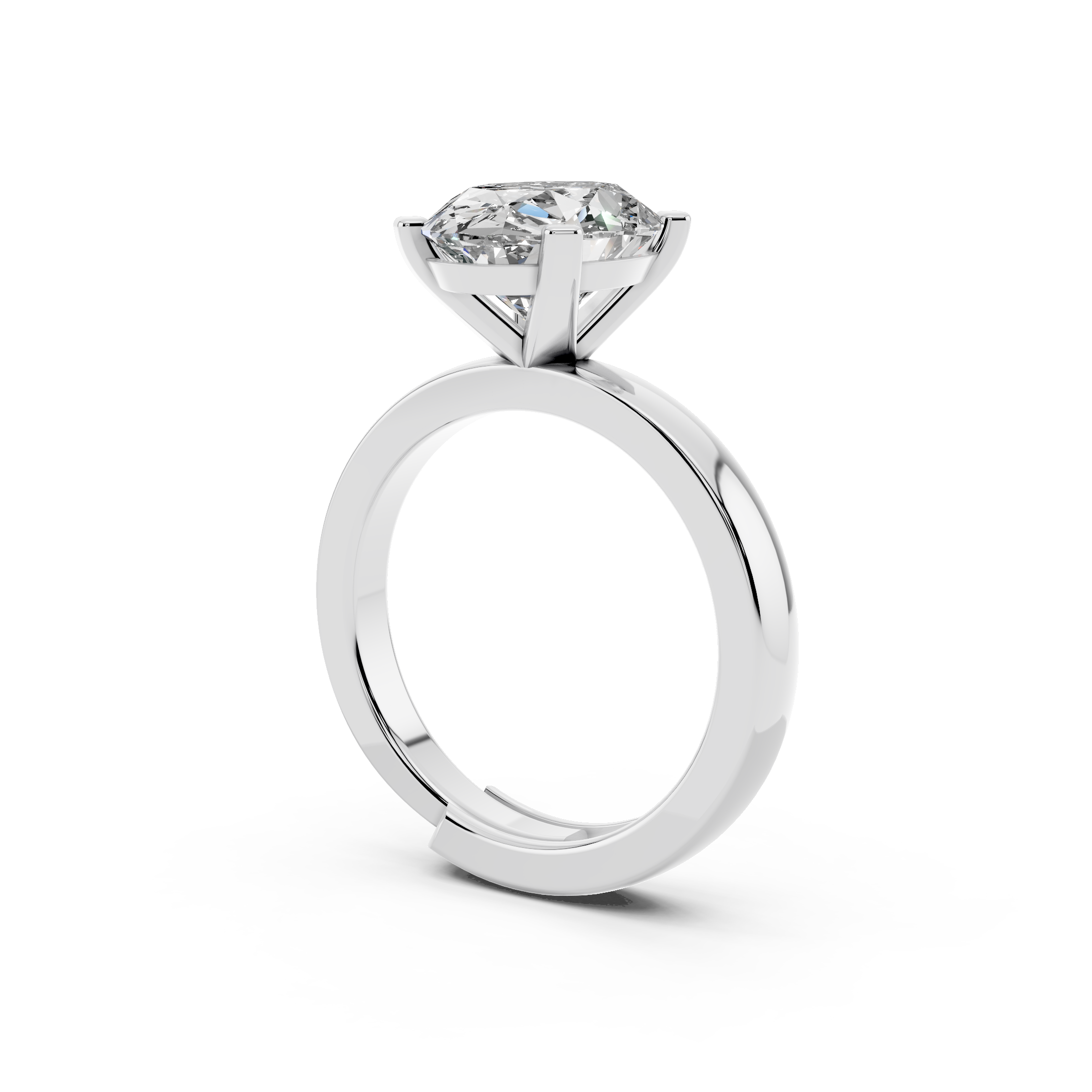 Side profile of oval cut moissanite ring highlighting comfort-fit sterling silver band