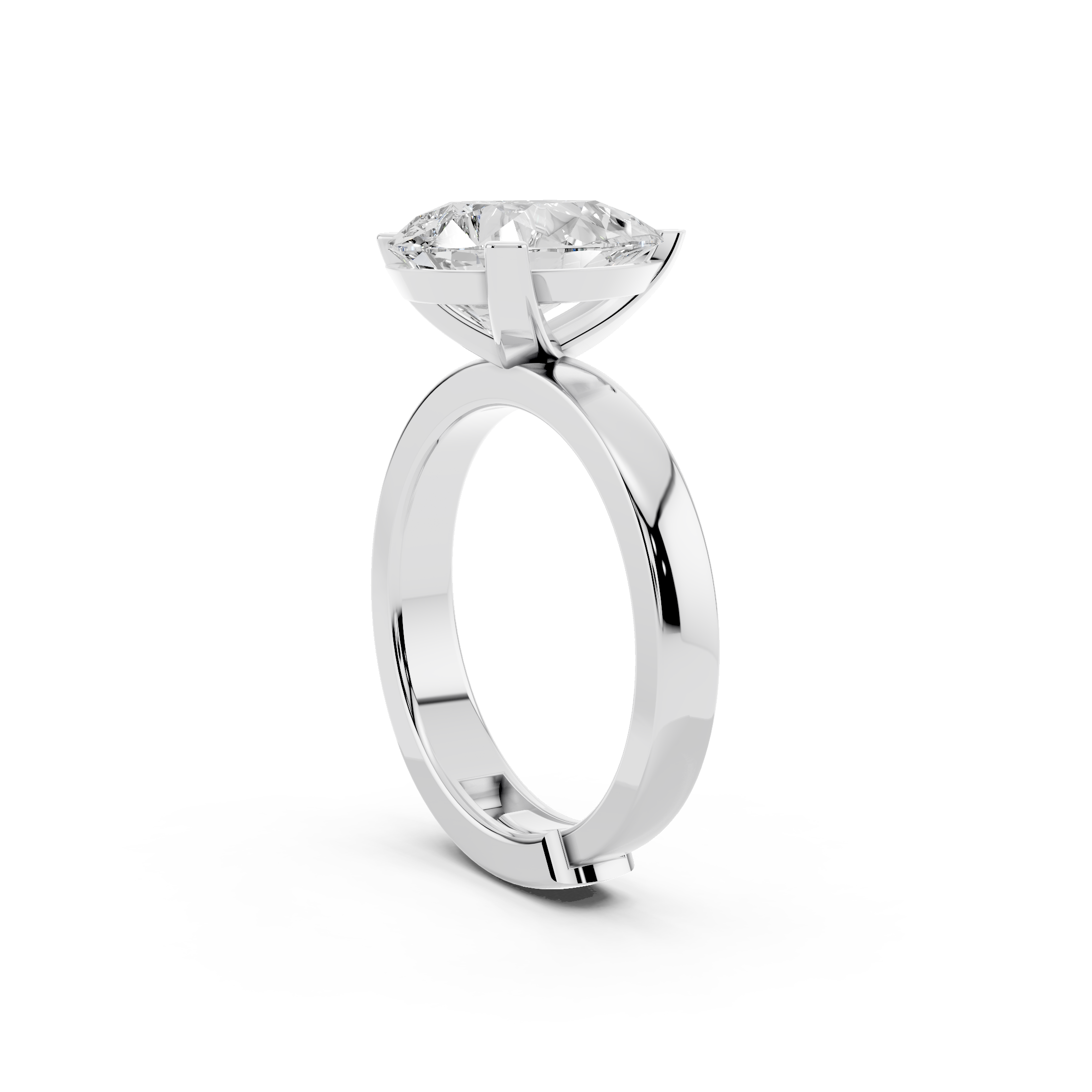 Side profile of pear cut moissanite solitaire ring showing comfort-fit silver band