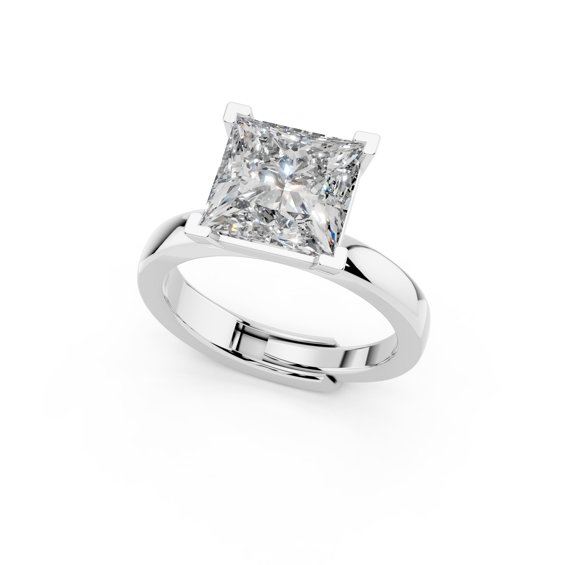 Princess cut moissanite engagement ring 2.5 carat solitaire angled view in 925 silver