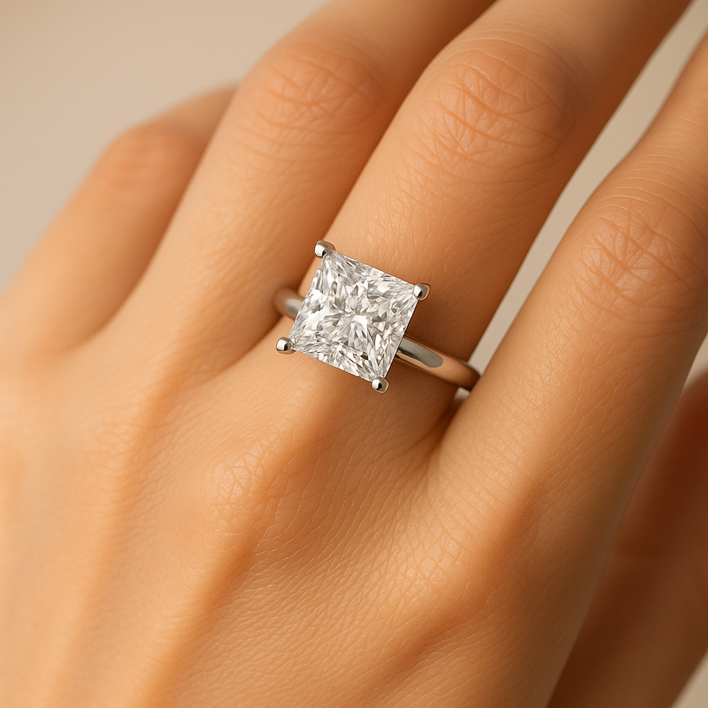 Princess cut moissanite engagement ring on hand showing square brilliance and 2.5 carat sparkle