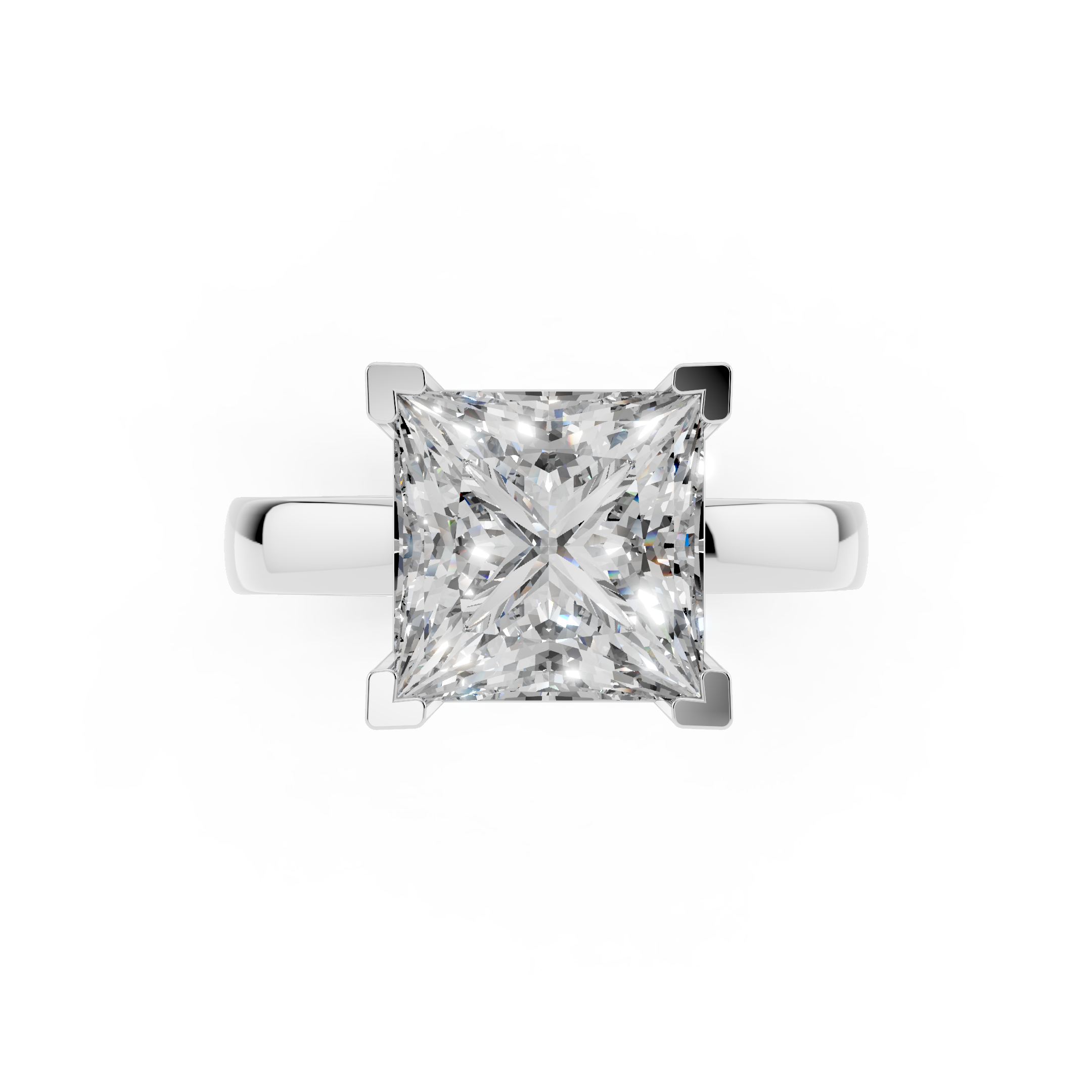 Top view of princess cut moissanite engagement ring showing brilliance and VVS clarity