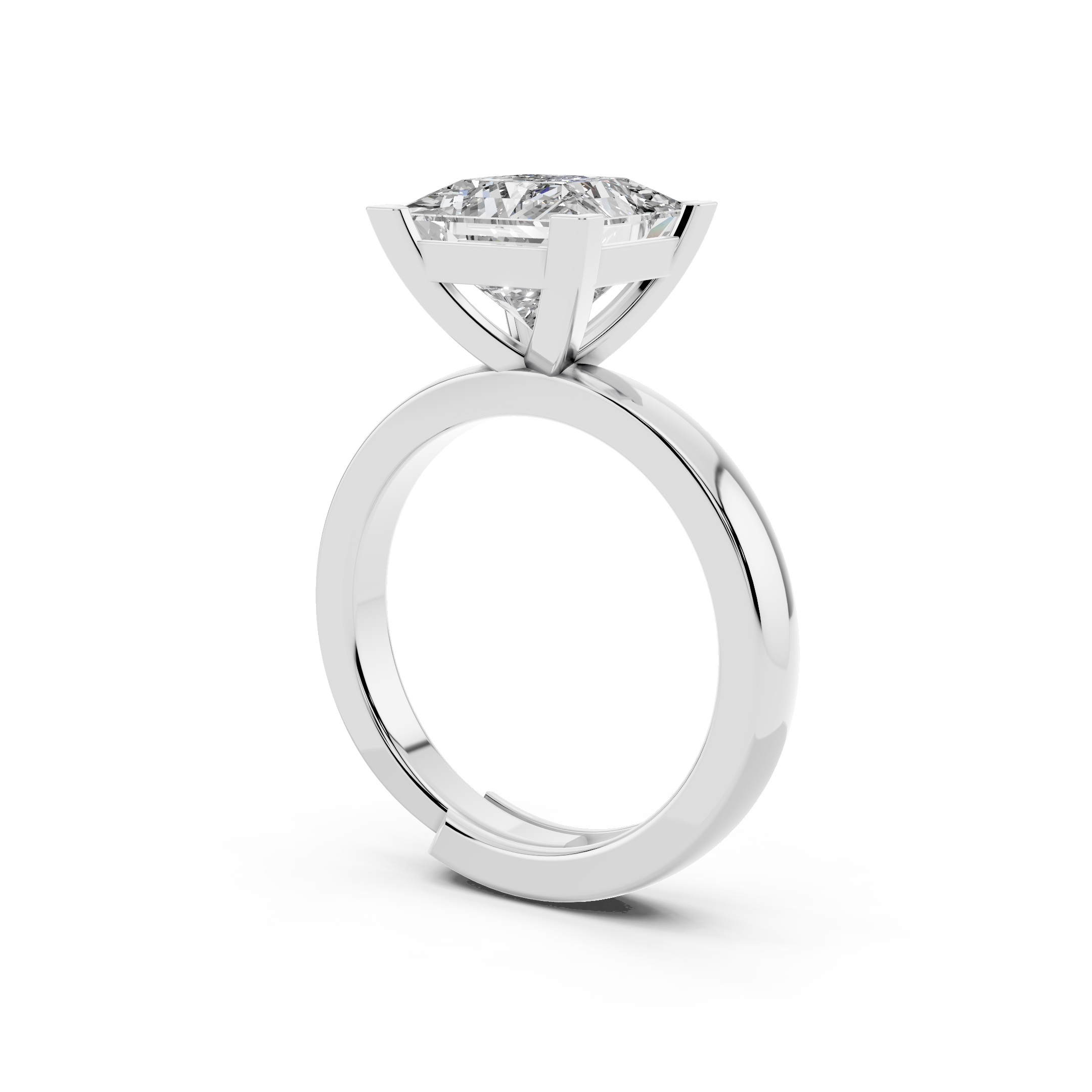 Side profile of princess cut moissanite ring highlighting comfort-fit sterling silver band