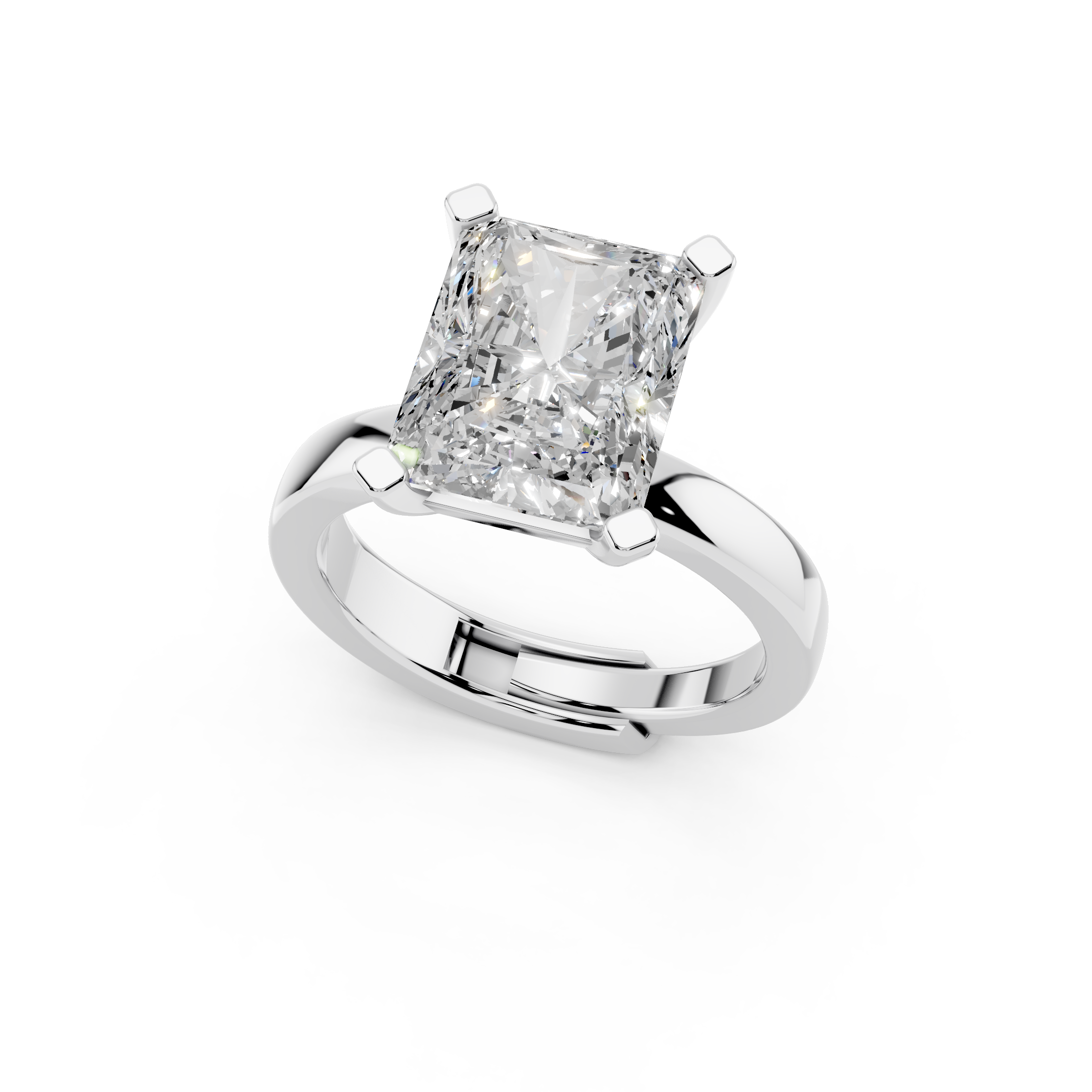 Radiant cut moissanite engagement ring 3.5 carat solitaire angled view in 925 silver