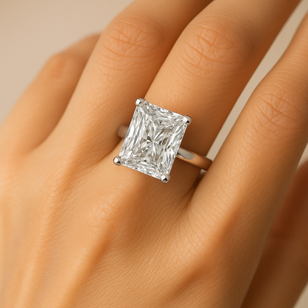 Radiant cut moissanite engagement ring on hand showing 3.5 carat solitaire sparkle