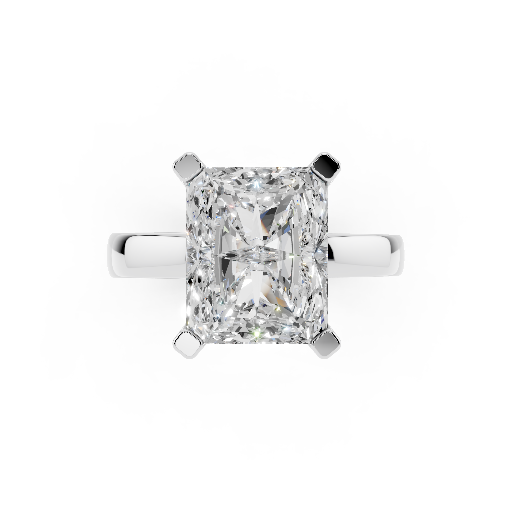 Top view of radiant cut moissanite engagement ring showing brilliant facets and VVS clarity