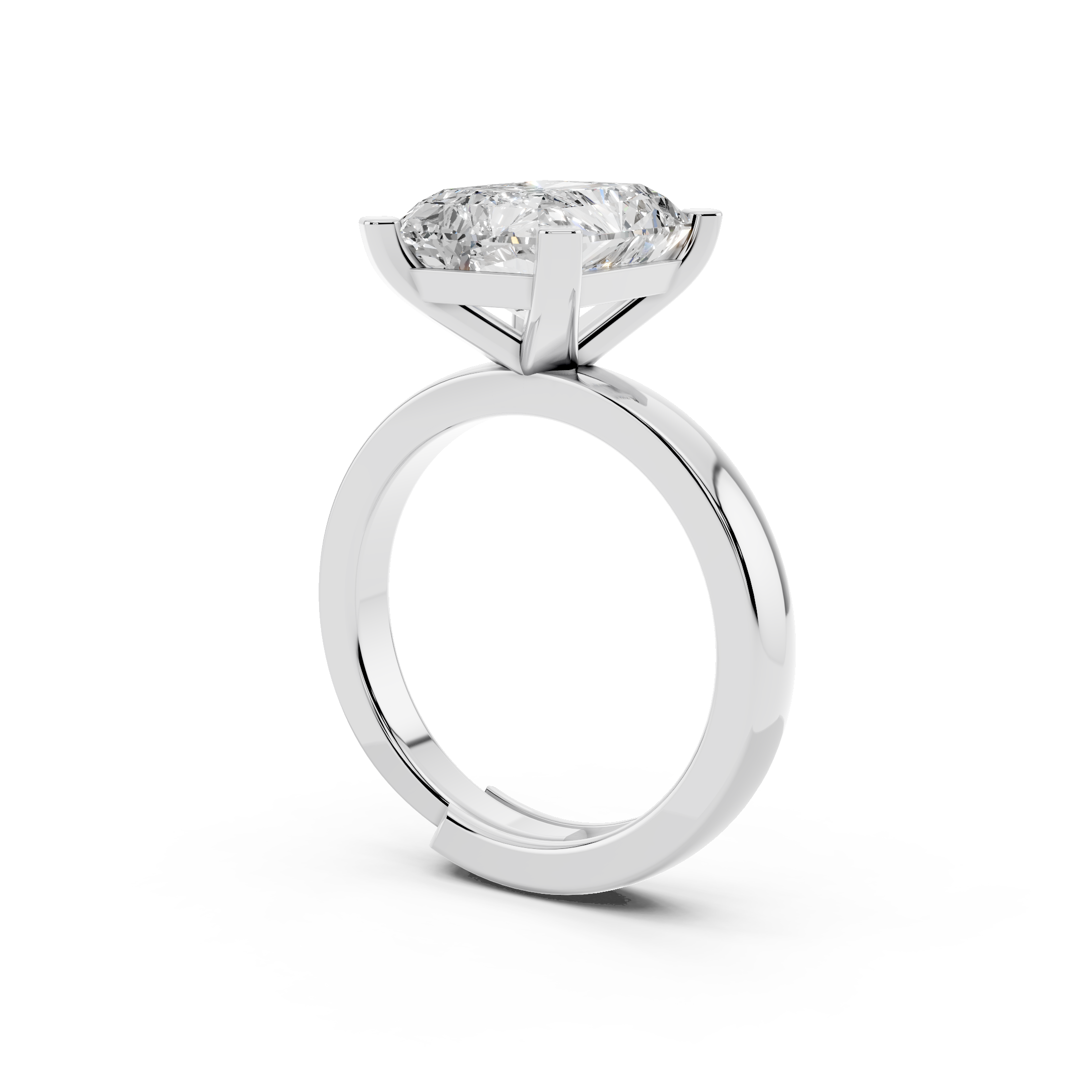 Side profile of radiant cut moissanite ring highlighting comfort-fit sterling silver band