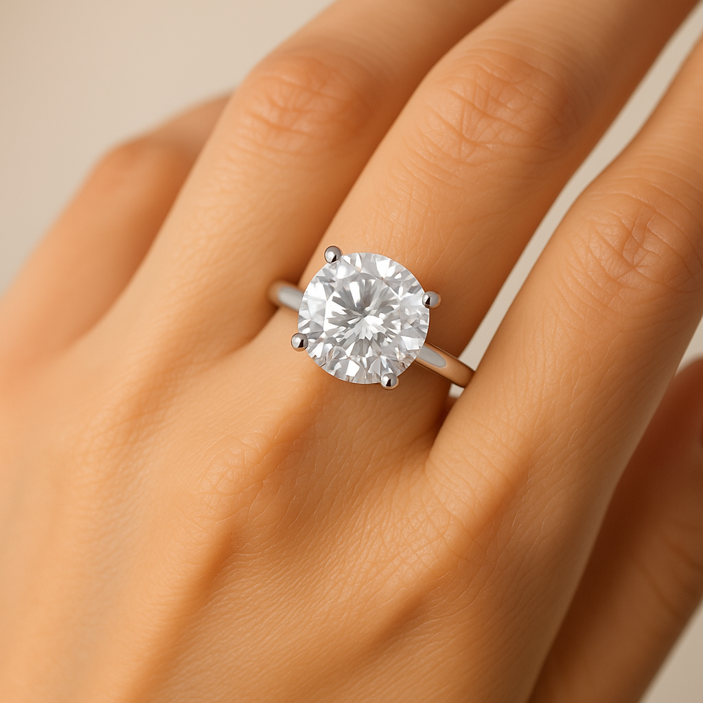 Round cut moissanite engagement ring on hand showing 2.25 carat brilliance and clarity