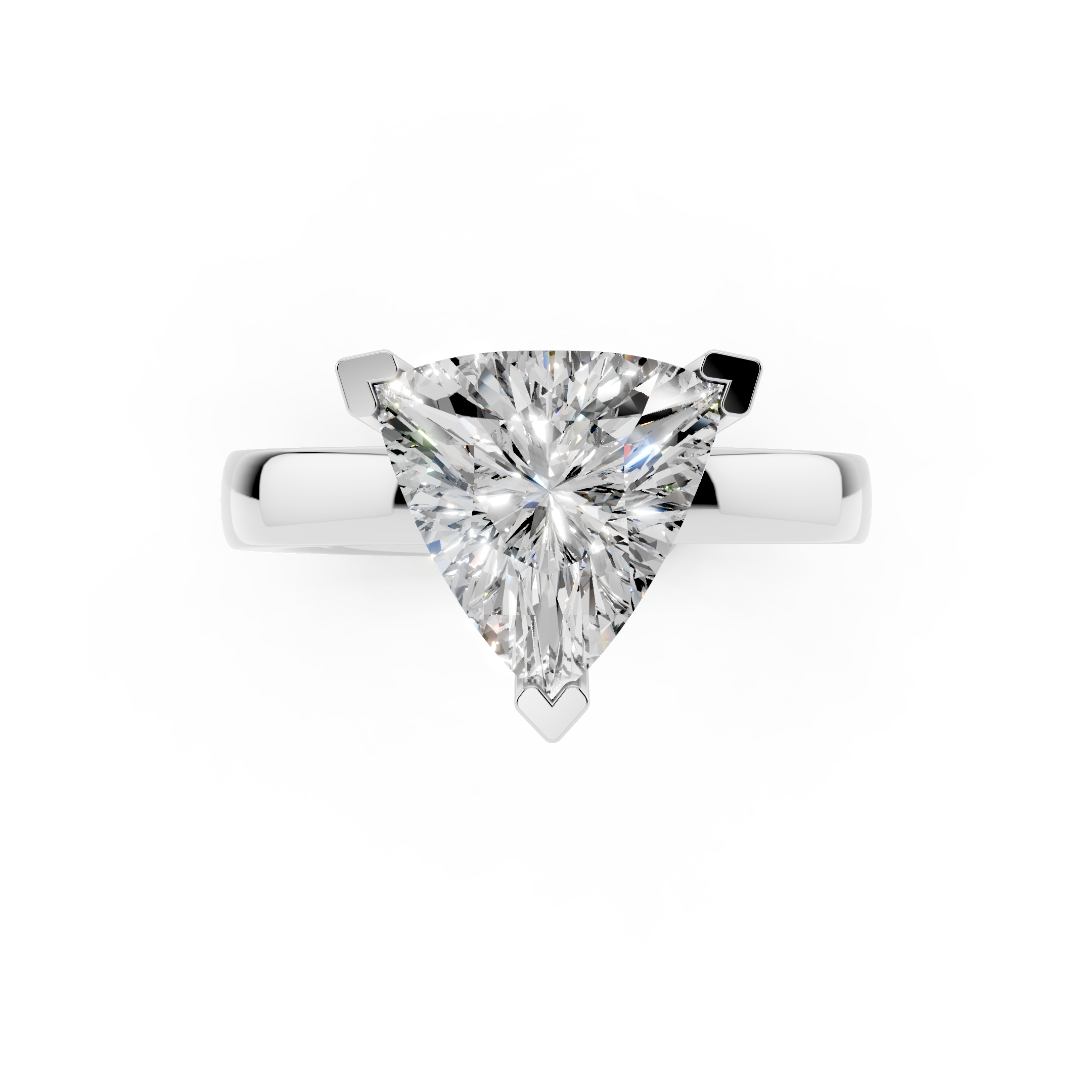 Top view of trilliant cut moissanite engagement ring showing D-E-F color and VVS clarity
