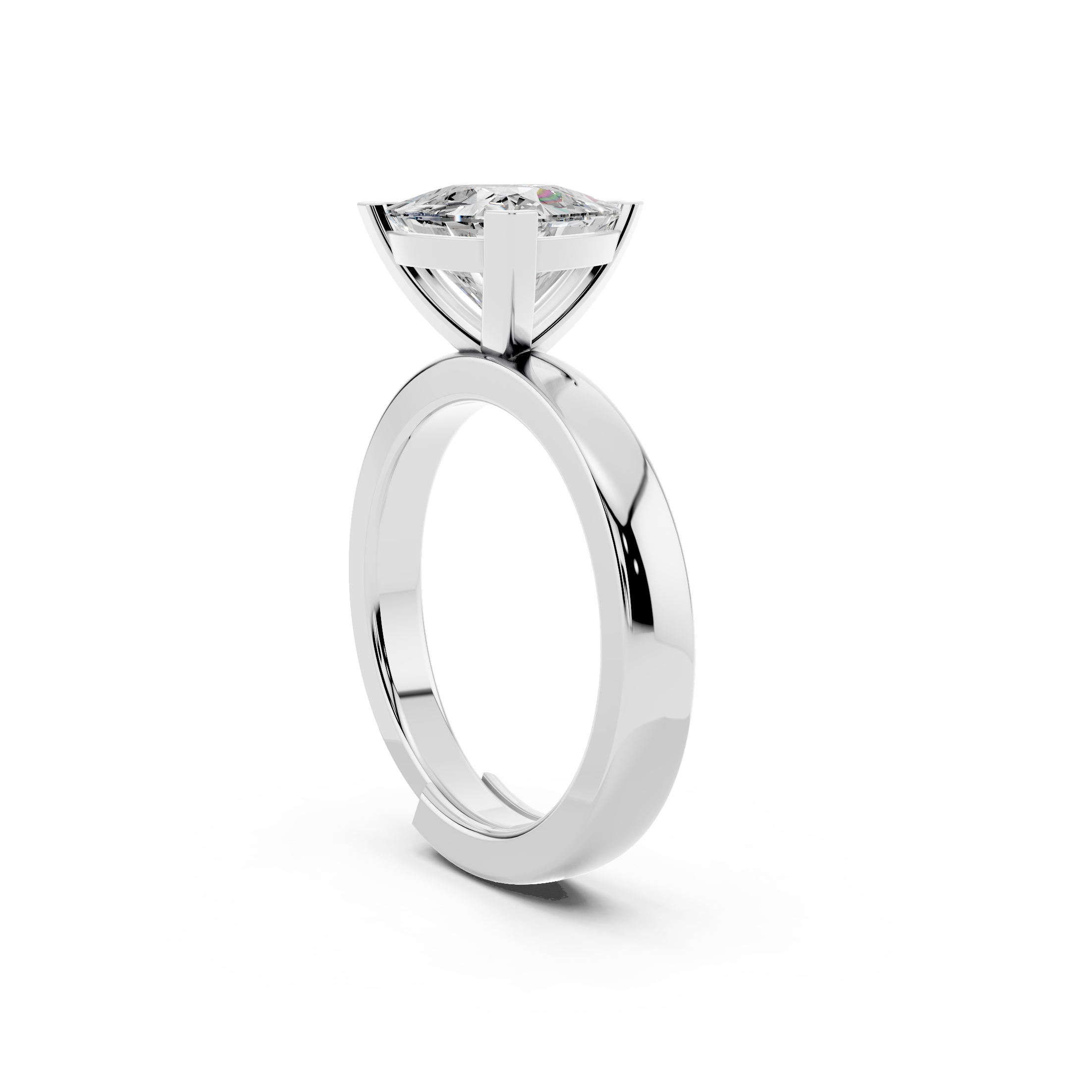 Side profile of trilliant cut moissanite ring highlighting comfort-fit sterling silver band